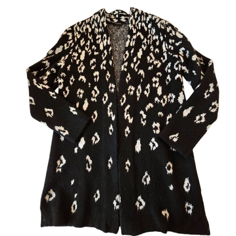 Talbots Womens Leopard Print Open Front Fuzzy Knit Cardigan Black White Medium